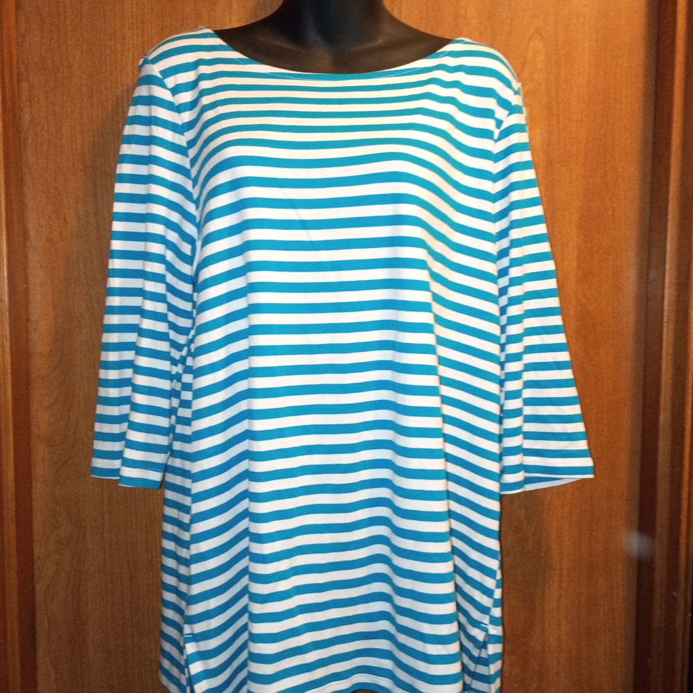 Lands' End Women's Teal and White Striped Long Sleeve Top